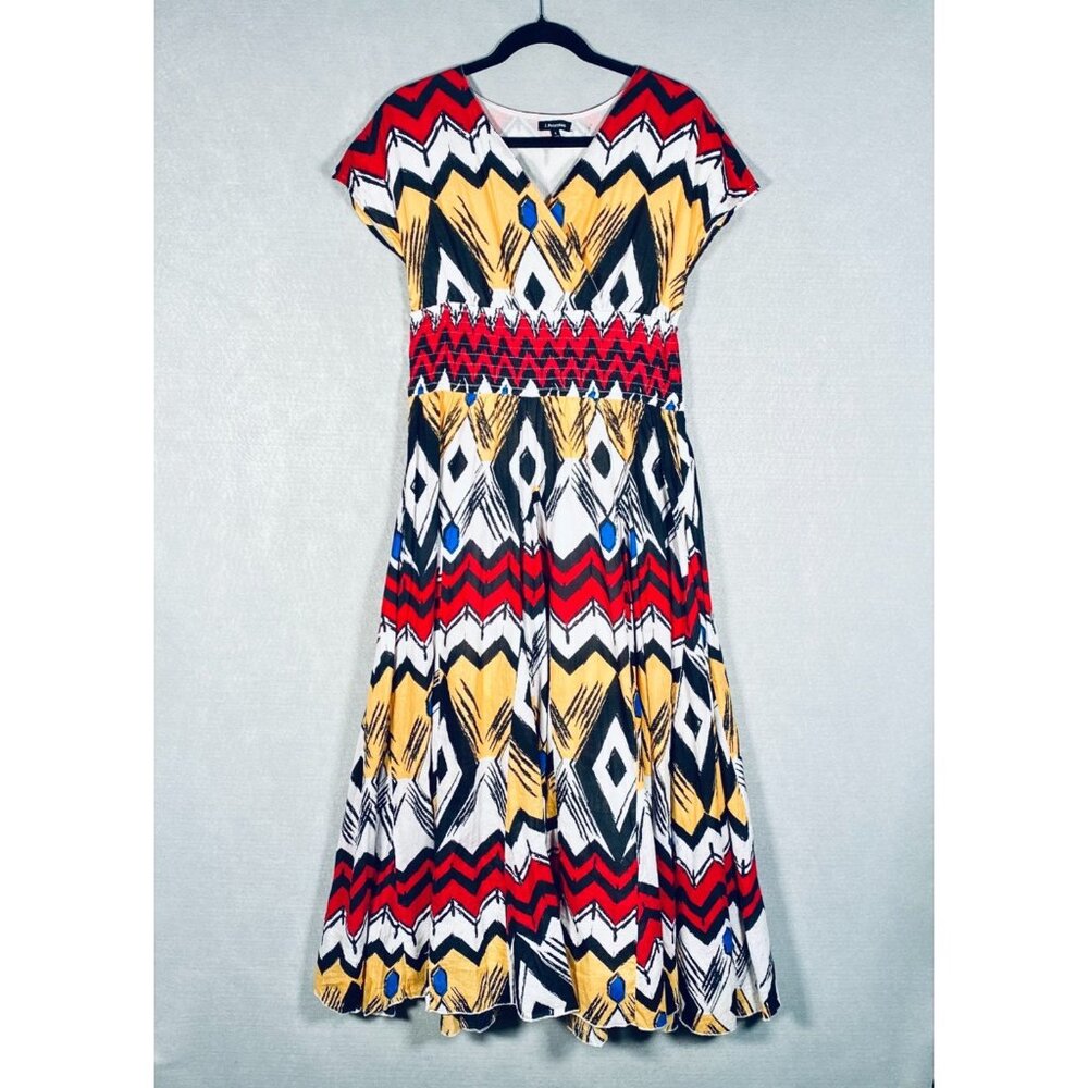 J Peterman Dress Womens M Multicolor Cotton Faux Wrap Tiered Maxi Resort